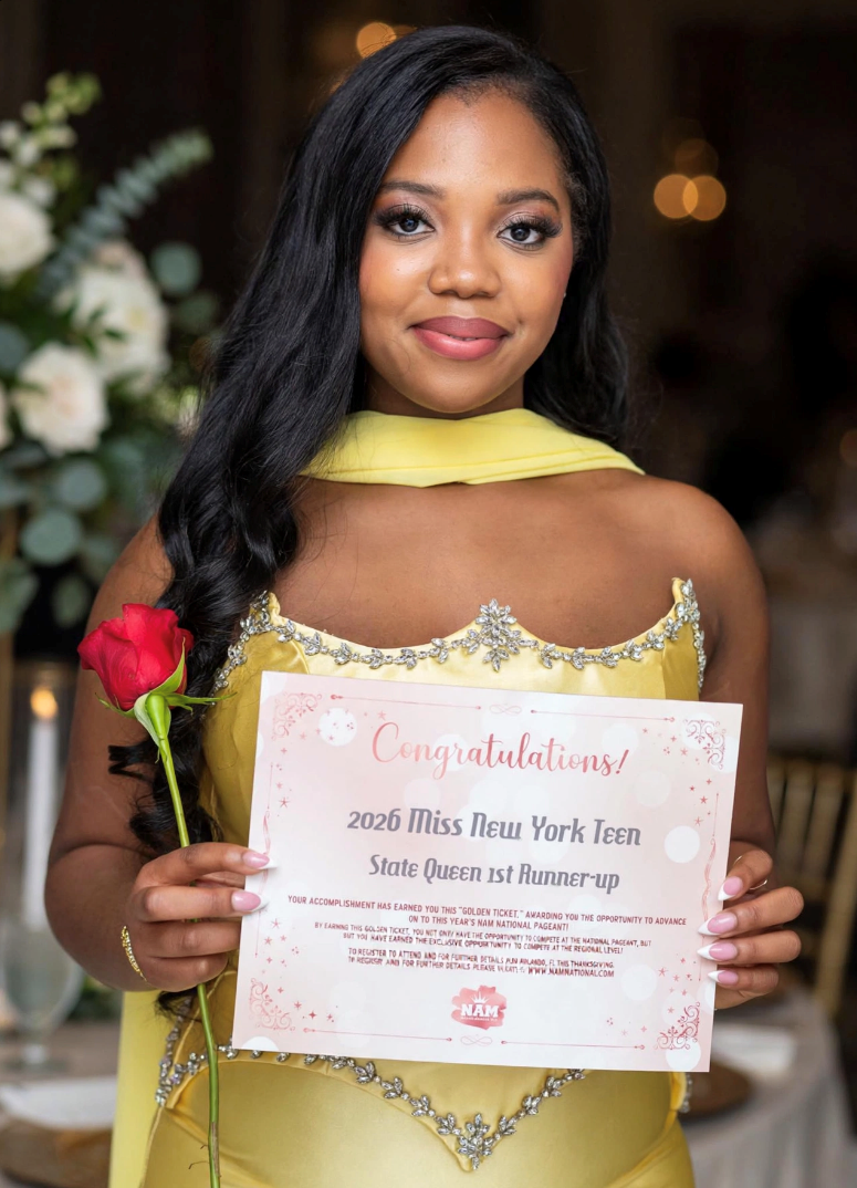 Alexis Mawere confident pose at the National American Miss backdrop